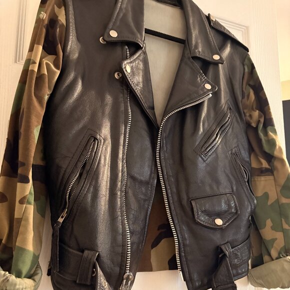 Upcycled DIY Handmade Authentic Motorcycle Jacket Real Leather Camo - Picture 2 of 3